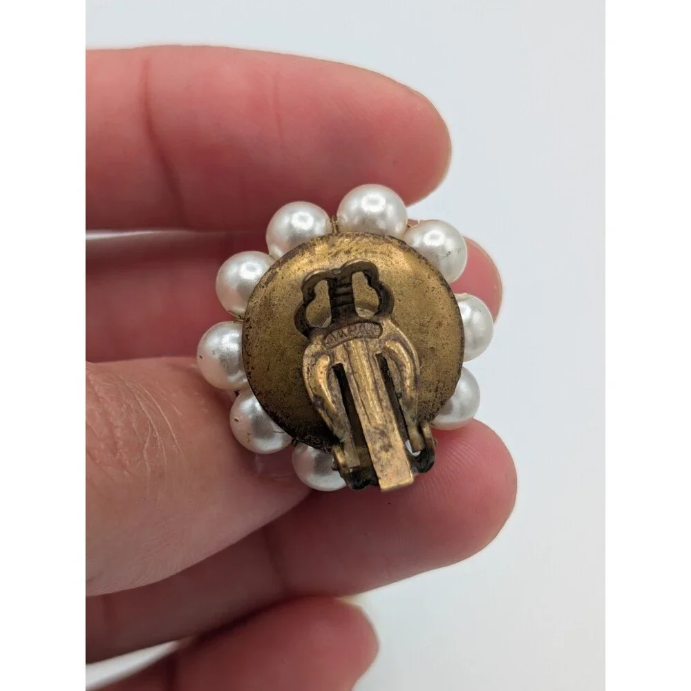 Vintage Faux Pearl Cluster Clip Earrings Brass Gold Tone MCM 1950s Japan Estate